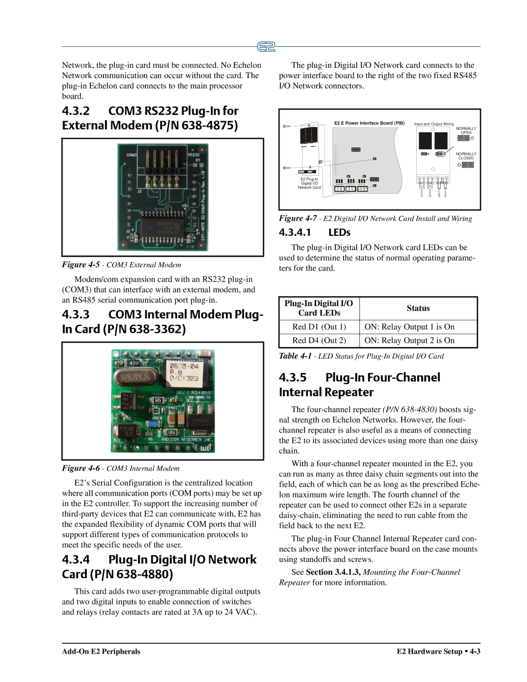 Emerson E2 operation manual 3 COM3 Internal Modem Plug- In Card P/N, Plug-In Digital I/O Network Card P/N, LEDs 