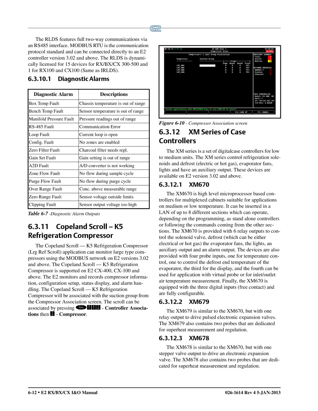 Emerson E2 operation manual XM Series of Case Controllers, Diagnostic Alarms, 12.1 XM670, 12.2 XM679, 12.3 XM678 