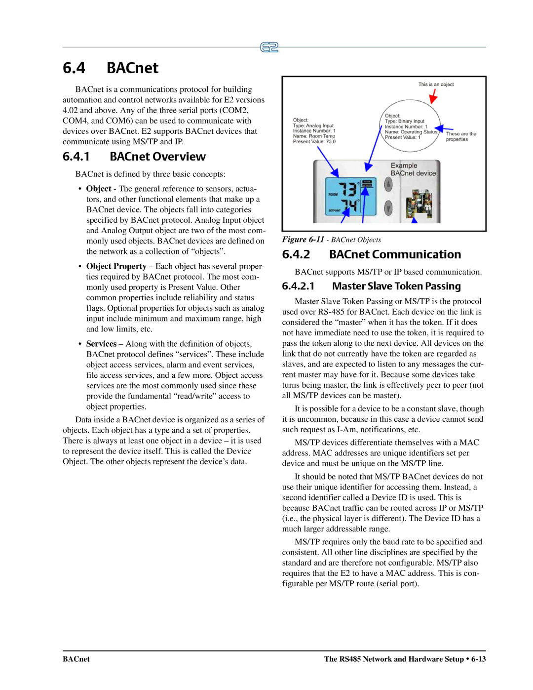 Emerson E2 operation manual BACnet Overview, BACnet Communication, Master Slave Token Passing 