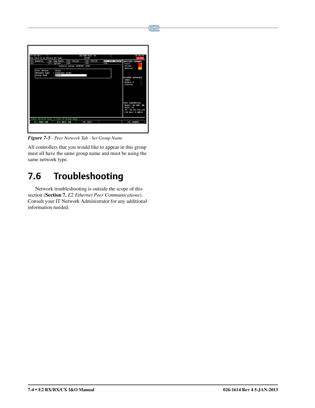 Emerson E2 operation manual Troubleshooting, Peer Network Tab Set Group Name 