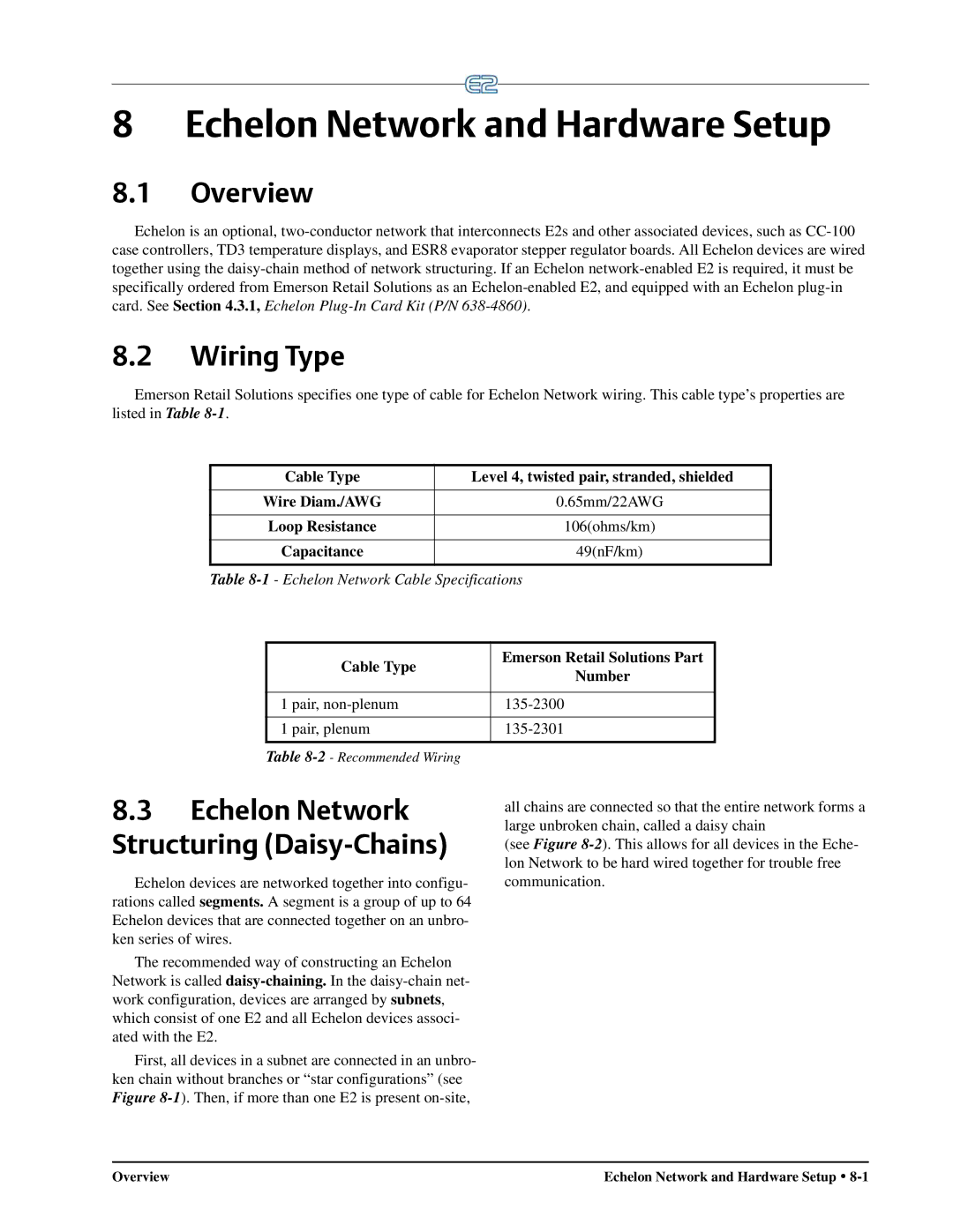 Emerson E2 operation manual Echelon Network and Hardware Setup, Wiring Type, Echelon Network Cable Specifications 