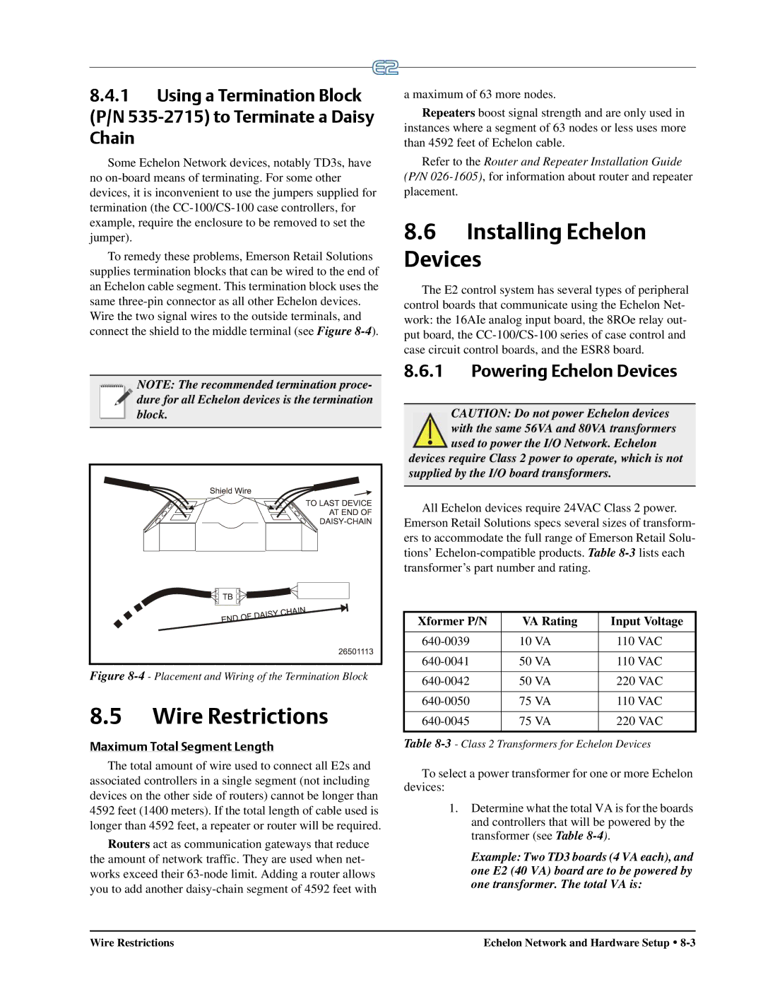 Emerson E2 Wire Restrictions, Installing Echelon Devices, Powering Echelon Devices, Maximum Total Segment Length 