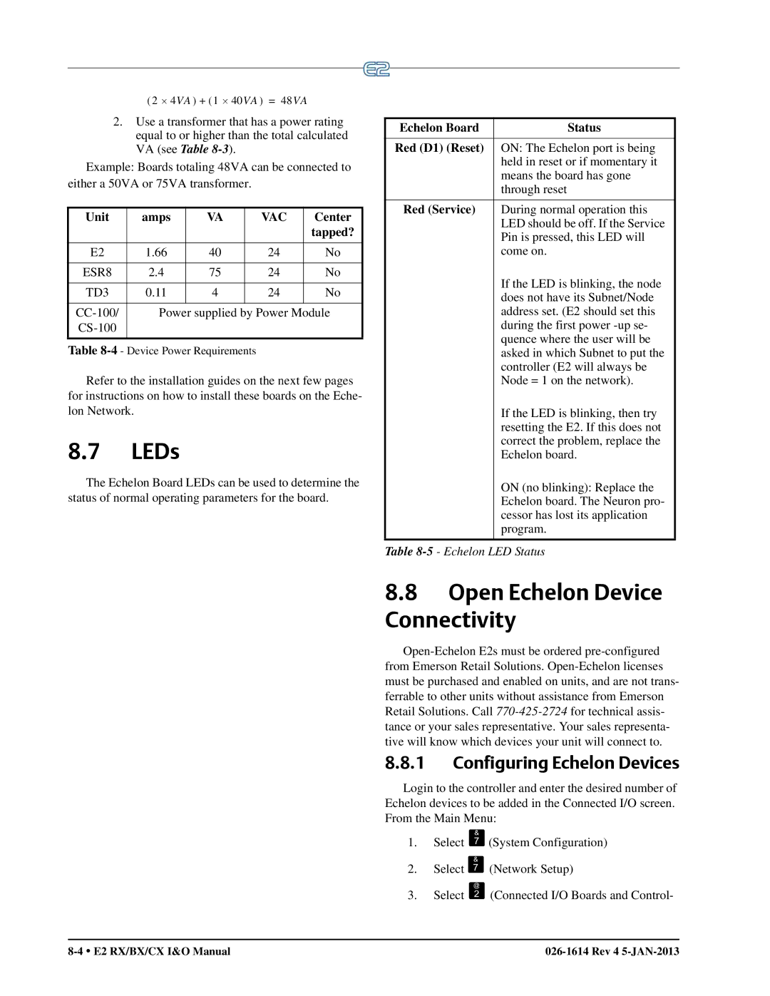 Emerson E2 LEDs, Open Echelon Device Connectivity, Configuring Echelon Devices, Echelon Board Status Red D1 Reset 