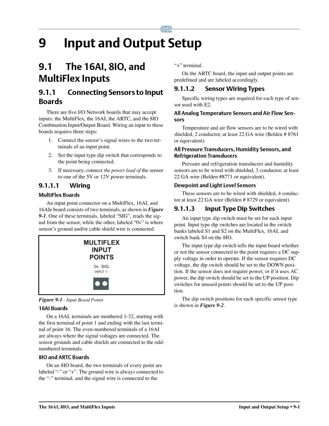 Emerson E2 Input and Output Setup, 16AI, 8IO, and MultiFlex Inputs, Sensor Wiring Types, Input Type Dip Switches 