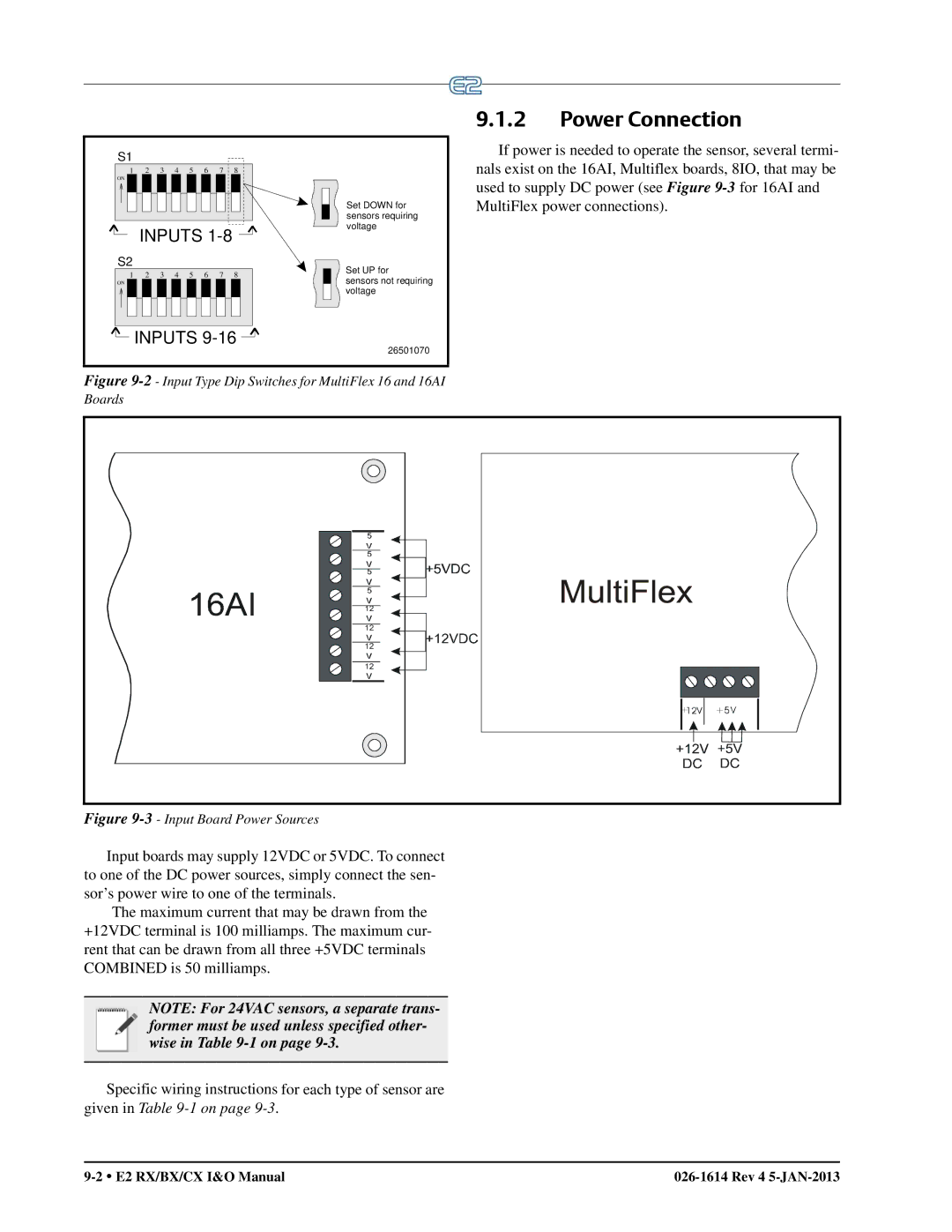 Emerson E2 operation manual Power Connection, Input Type Dip Switches for MultiFlex 16 and 16AI Boards 