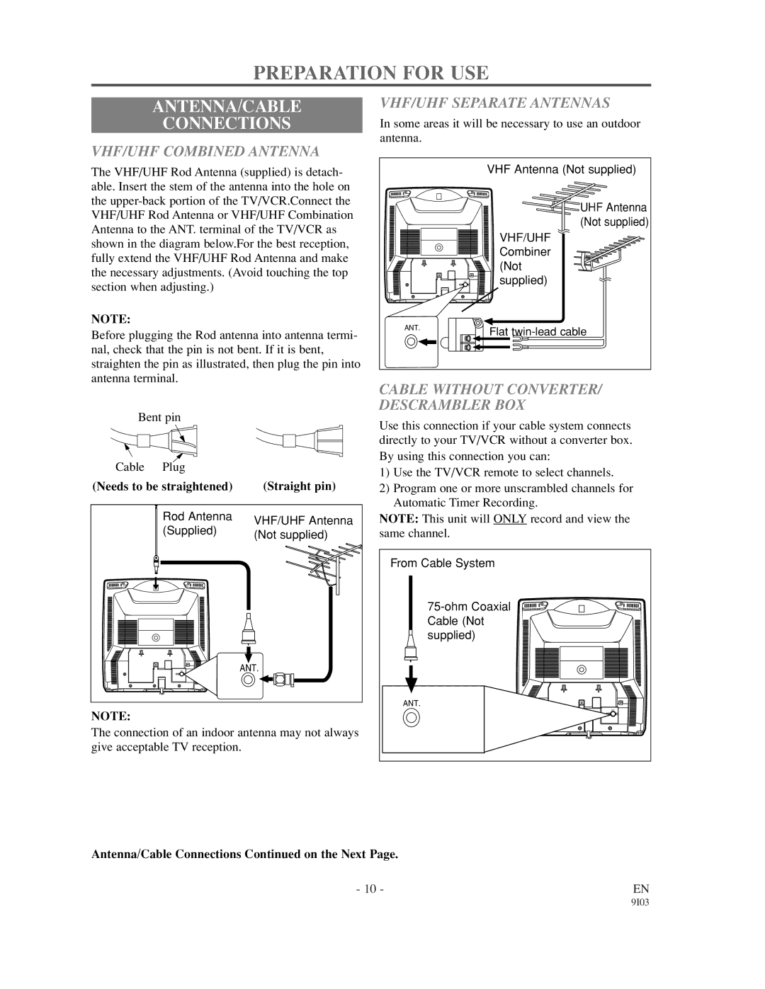 Emerson EC1320C Preparation for USE, ANTENNA/CABLE Connections, VHF/UHF Combined Antenna, VHF/UHF Separate Antennas 