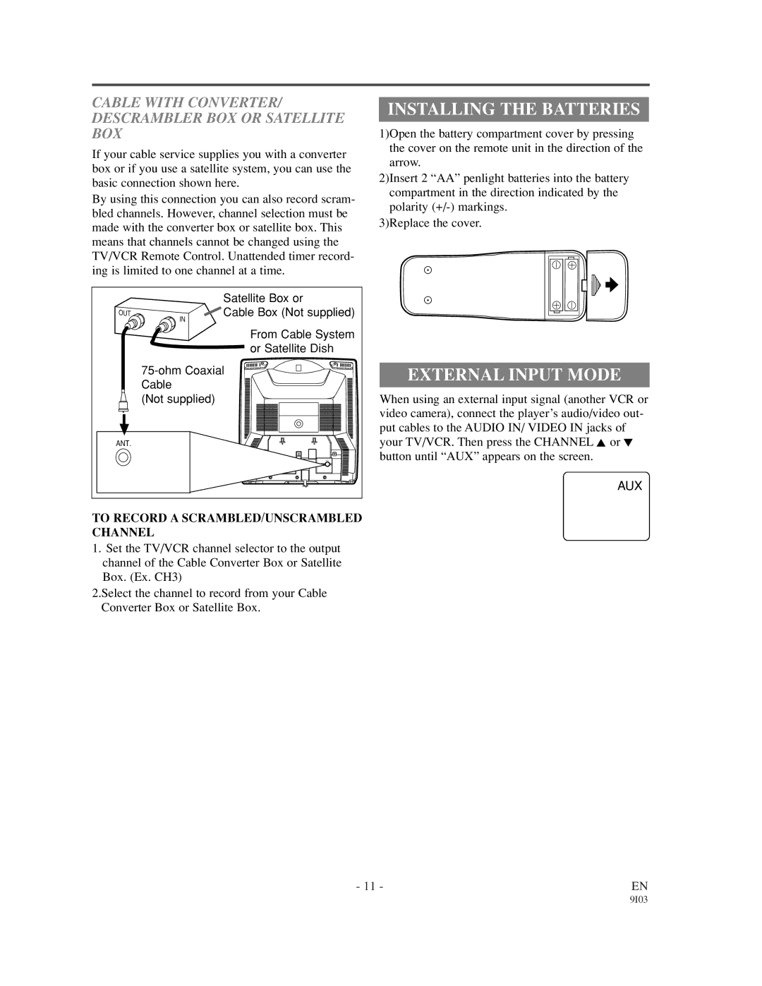 Emerson EC1320C Installing the Batteries, External Input Mode, Cable with CONVERTER/ Descrambler BOX or Satellite BOX 