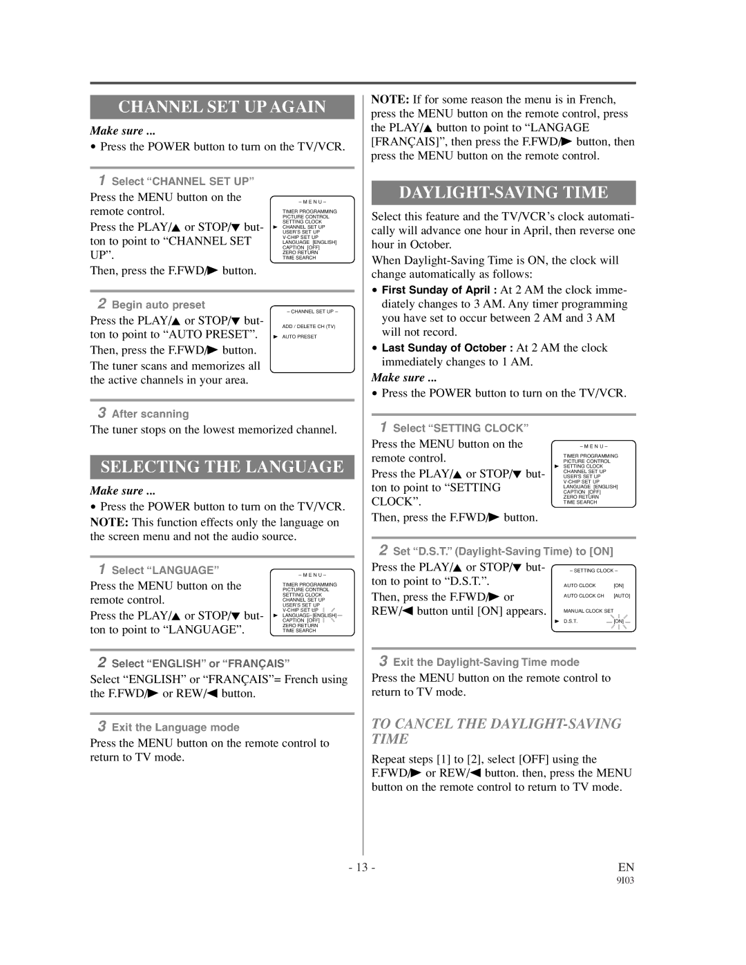 Emerson EC1320C Channel SET UP Again, Selecting the Language, To Cancel the DAYLIGHT-SAVING Time, Make sure 