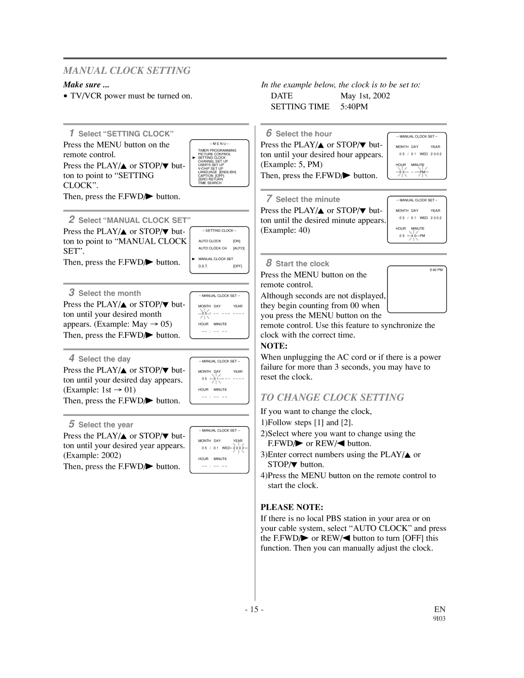 Emerson EC1320C owner manual Manual Clock Setting, To Change Clock Setting, Please Note 