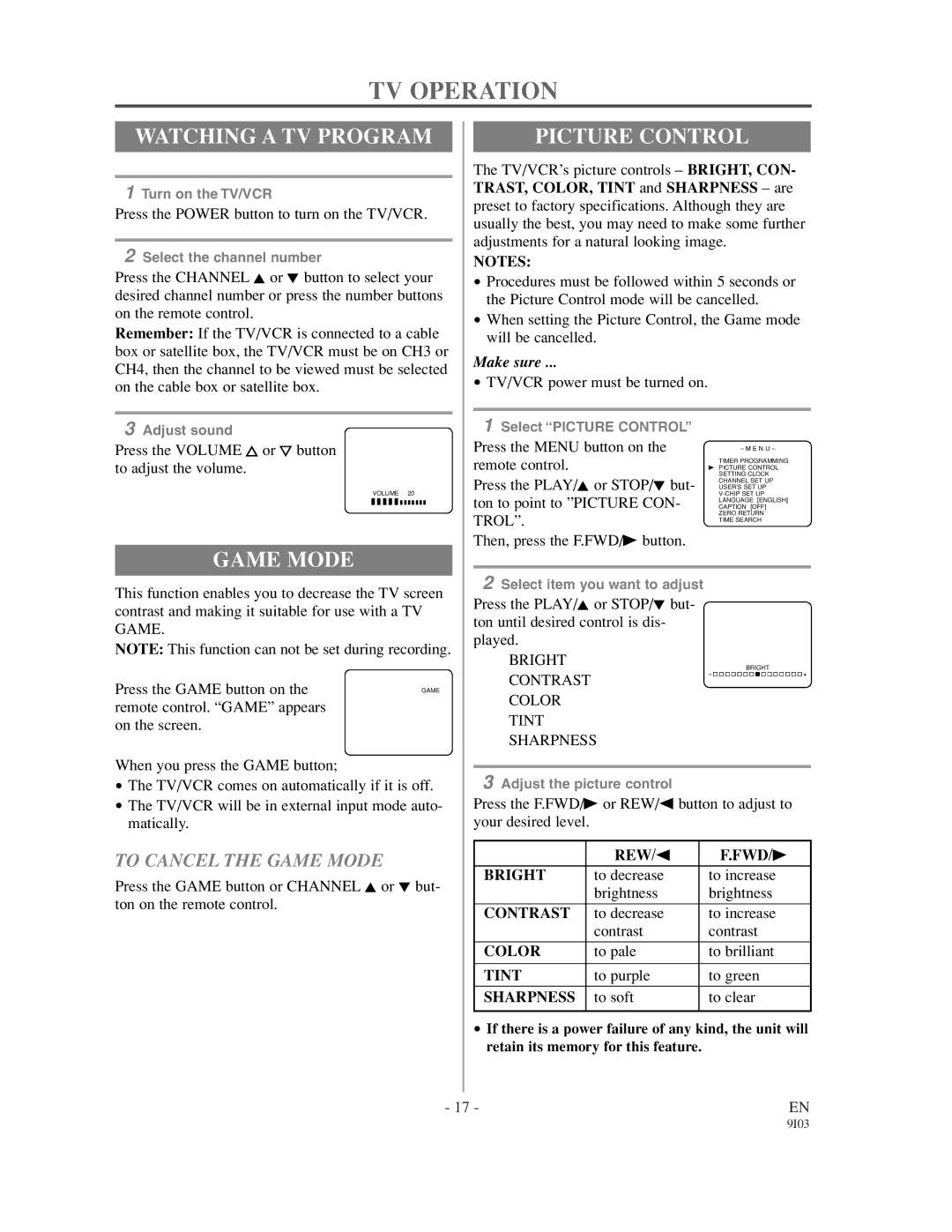 Emerson EC1320C owner manual TV Operation, Watching a TV Program, Picture Control, To Cancel the Game Mode 