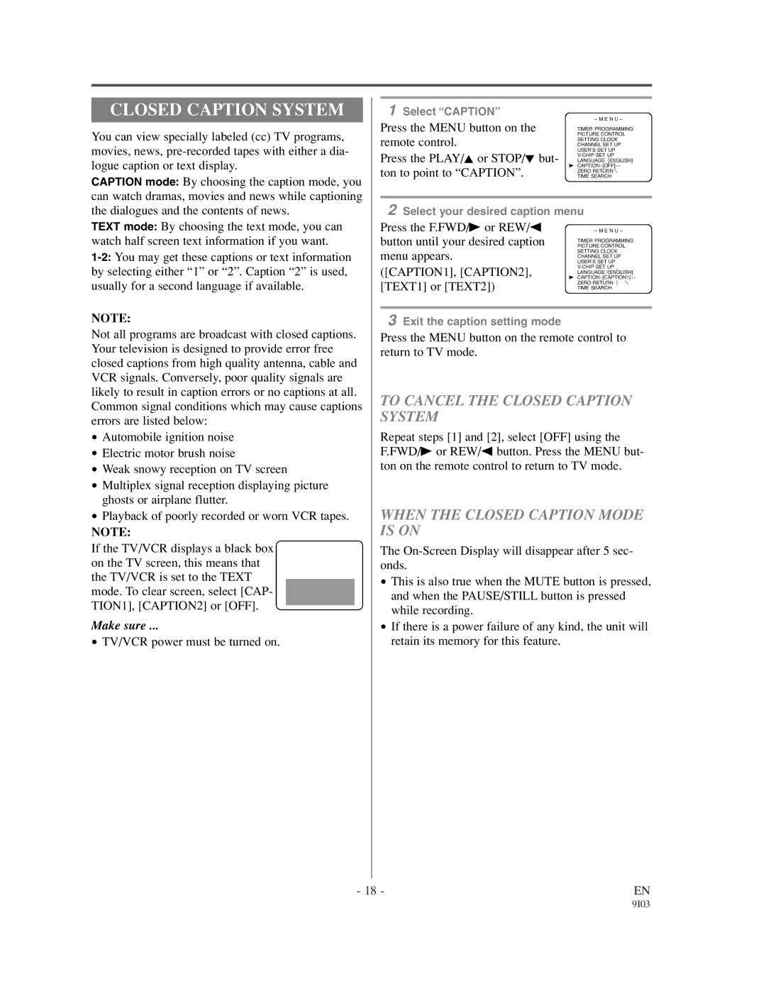 Emerson EC1320C To Cancel the Closed Caption System, When the Closed Caption Mode is on, CAPTION1, CAPTION2 