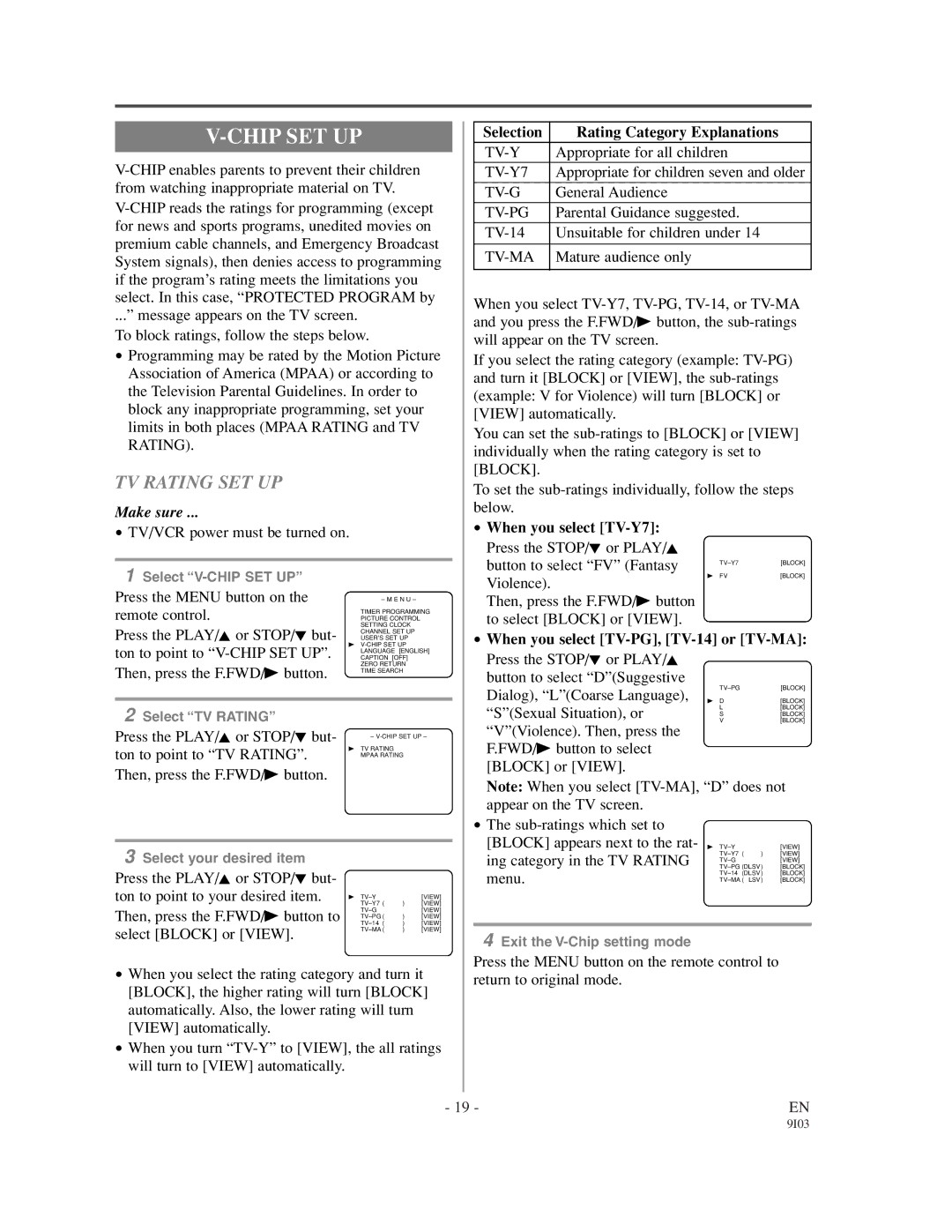 Emerson EC1320C owner manual Chip SET UP, TV Rating SET UP, Selection Rating Category Explanations, When you select TV-Y7 