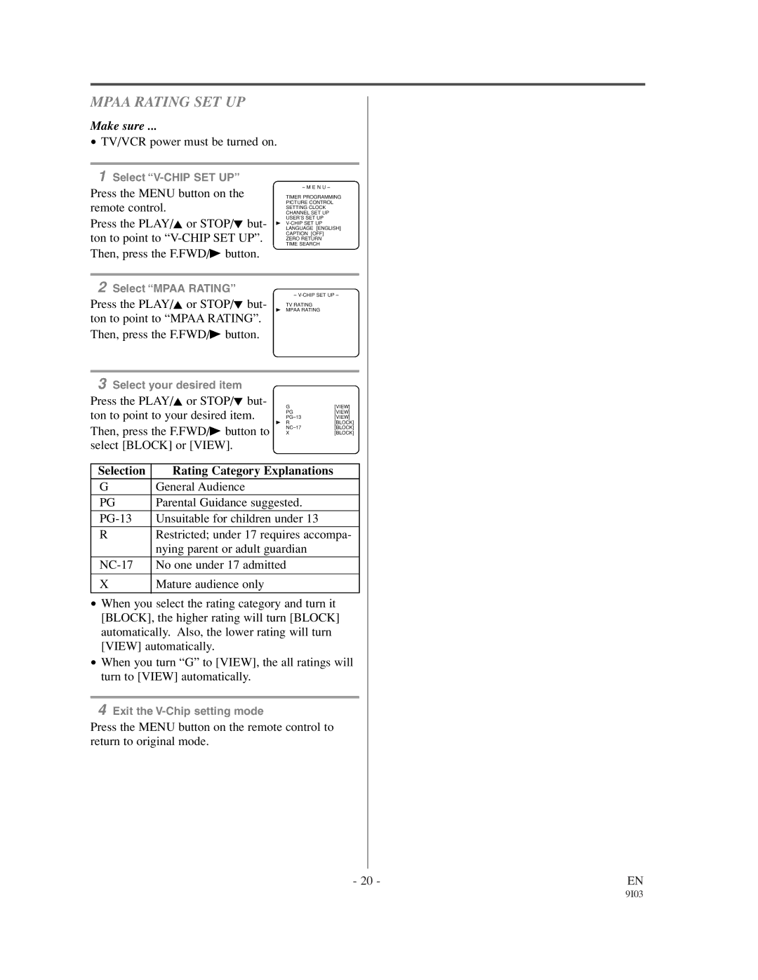 Emerson EC1320C owner manual Mpaa Rating SET UP 