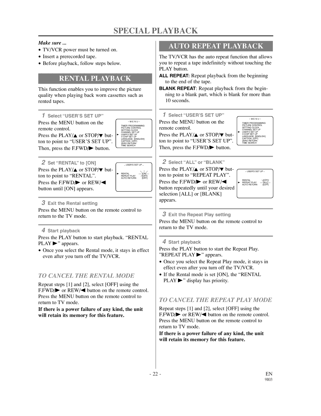 Emerson EC1320C owner manual Special Playback, Rental Playback, Auto Repeat Playback, To Cancel the Rental Mode 