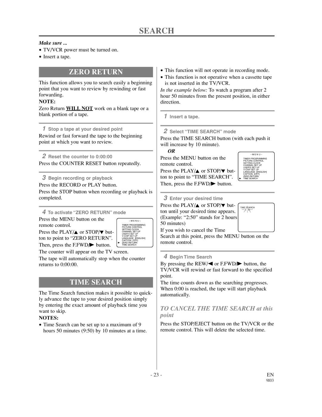 Emerson EC1320C owner manual Zero Return, Time Search 