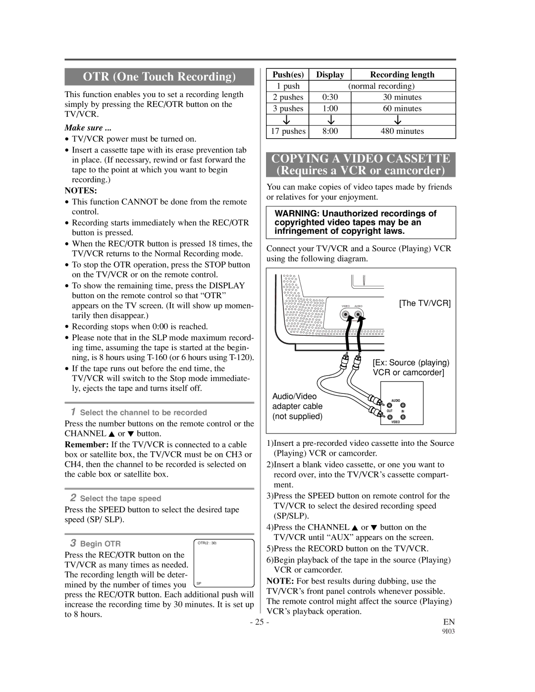 Emerson EC1320C owner manual Pushes Display Recording length, Tv/Vcr, Sp/Slp 