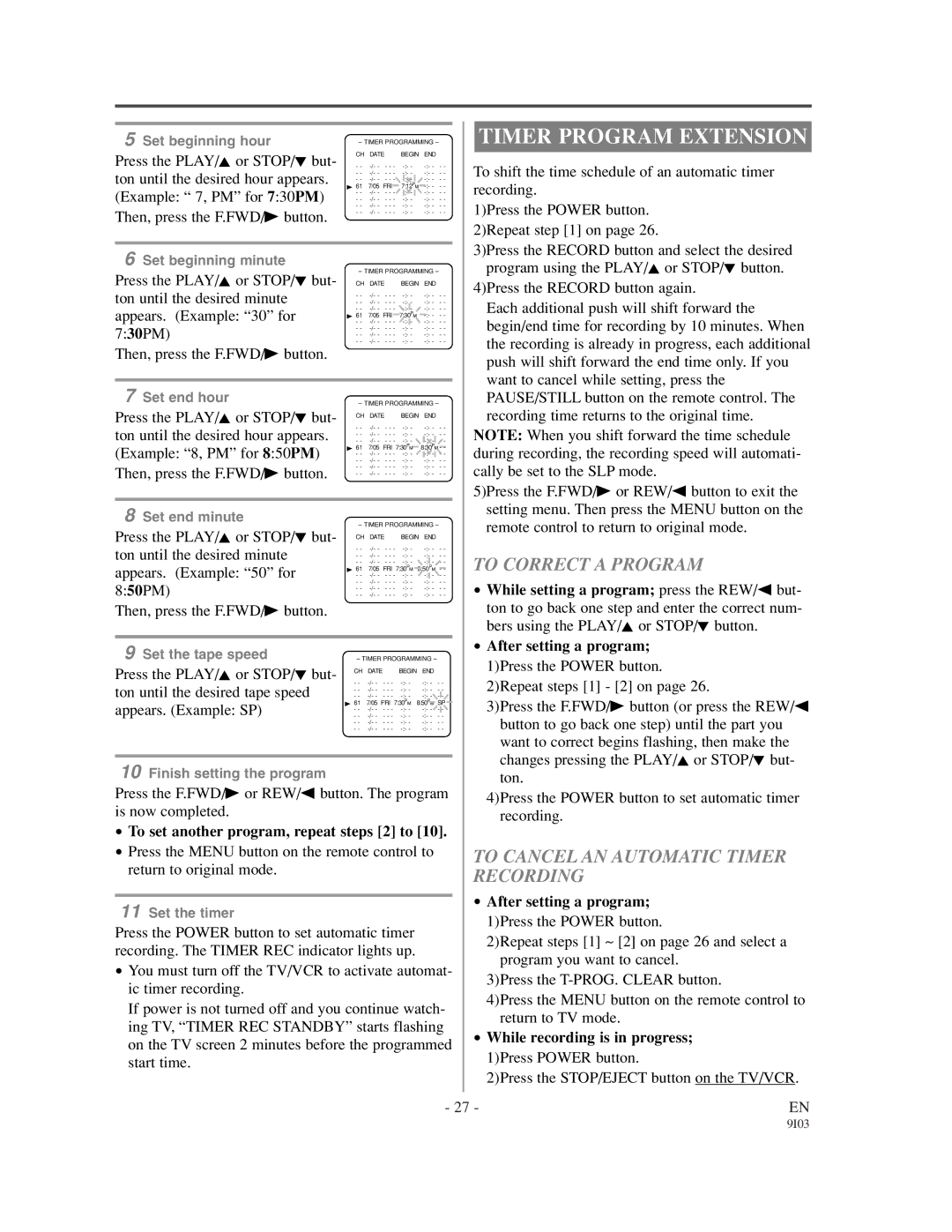 Emerson EC1320C owner manual Timer Program Extension, To Correct a Program, To Cancel AN Automatic Timer Recording 