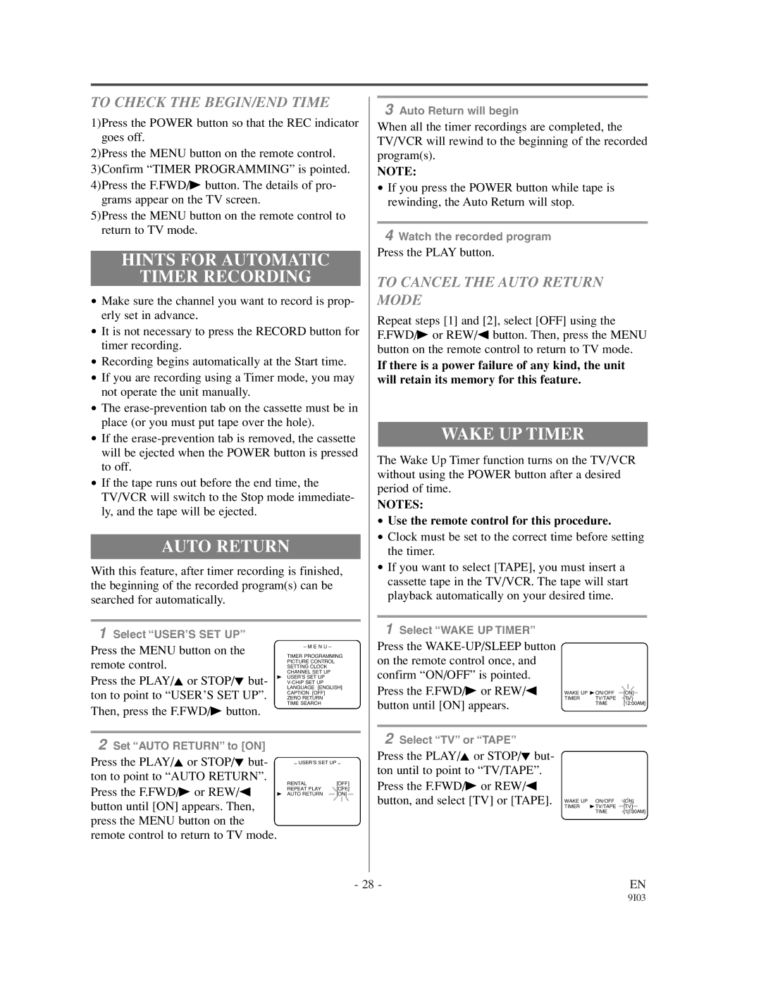 Emerson EC1320C owner manual Hints for Automatic Timer Recording, Auto Return, Wake UP Timer, To Check the BEGIN/END Time 