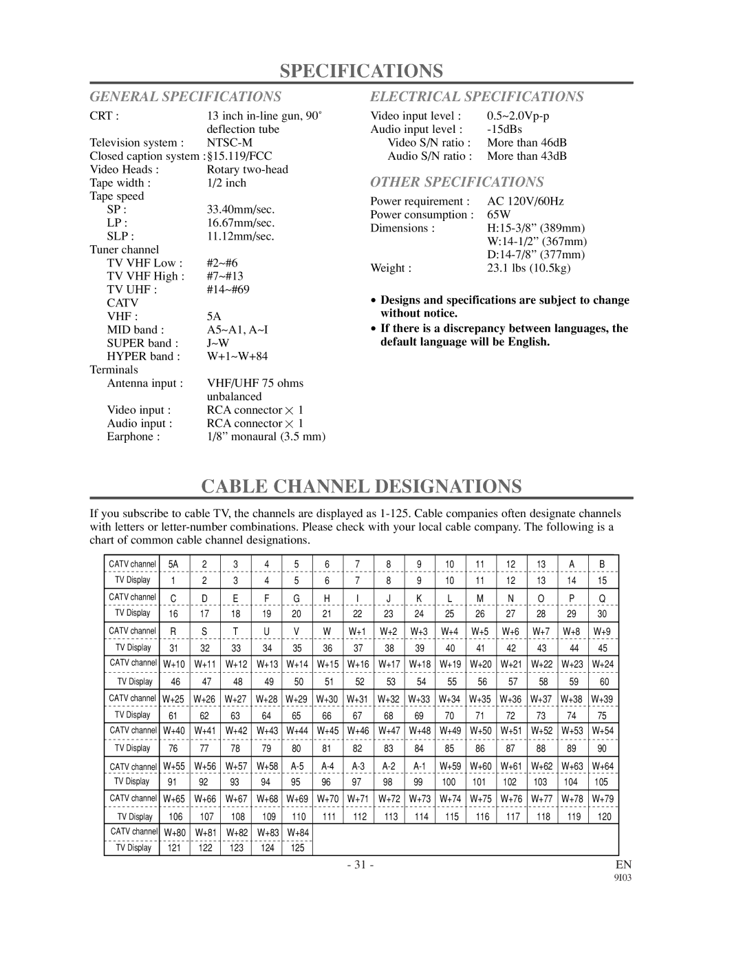 Emerson EC1320C Cable Channel Designations, General Specifications, Electrical Specifications, Other Specifications 