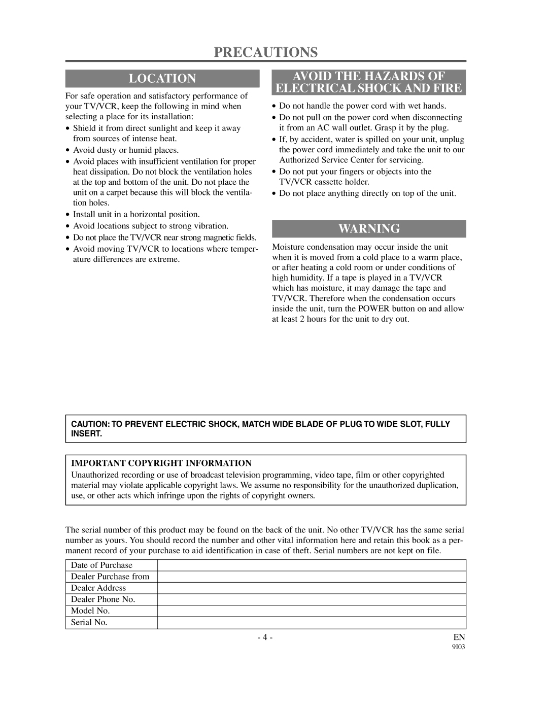 Emerson EC1320C Precautions, Location, Avoid the Hazards Electrical Shock and Fire, Important Copyright Information 