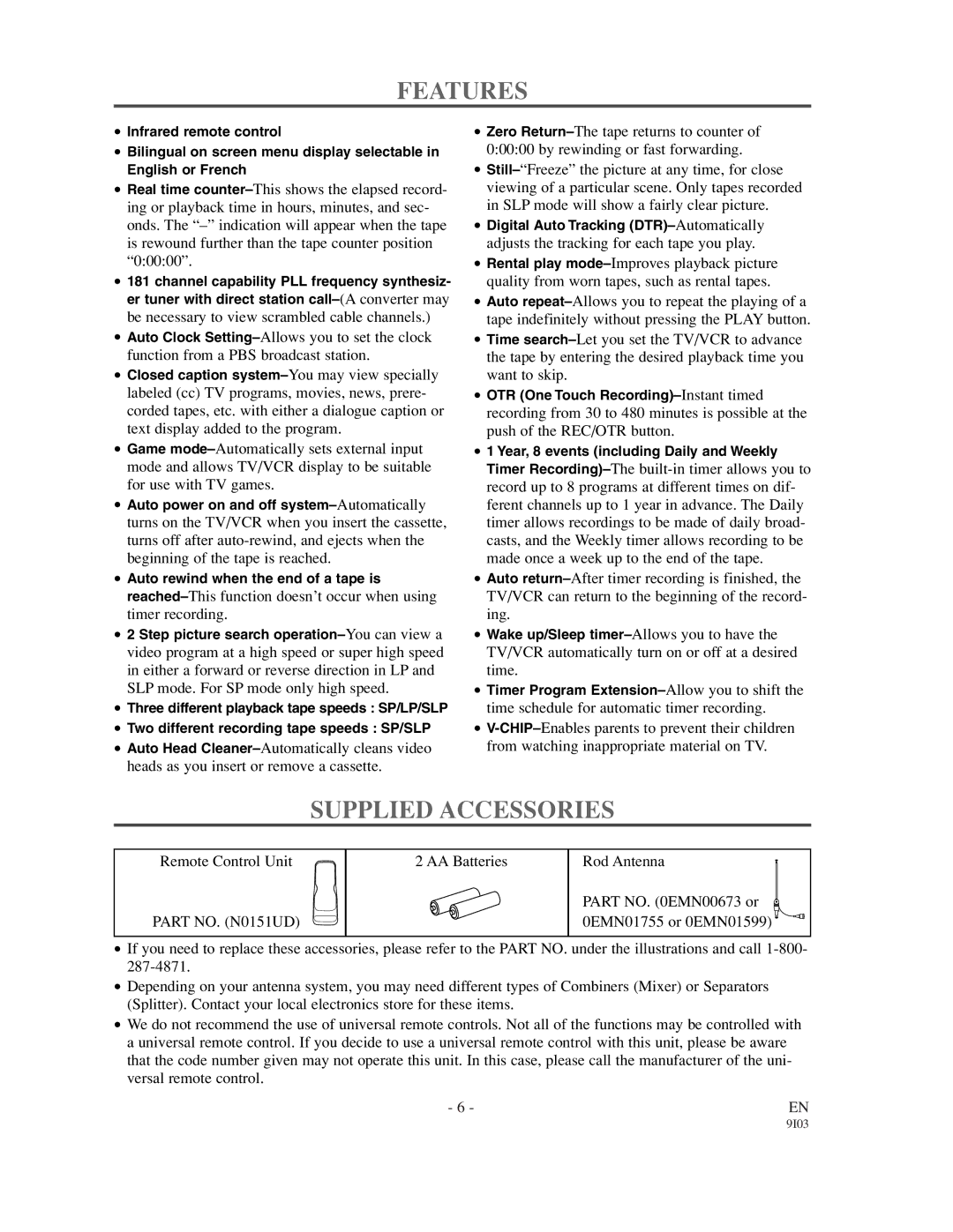 Emerson EC1320C owner manual Features, Supplied Accessories 