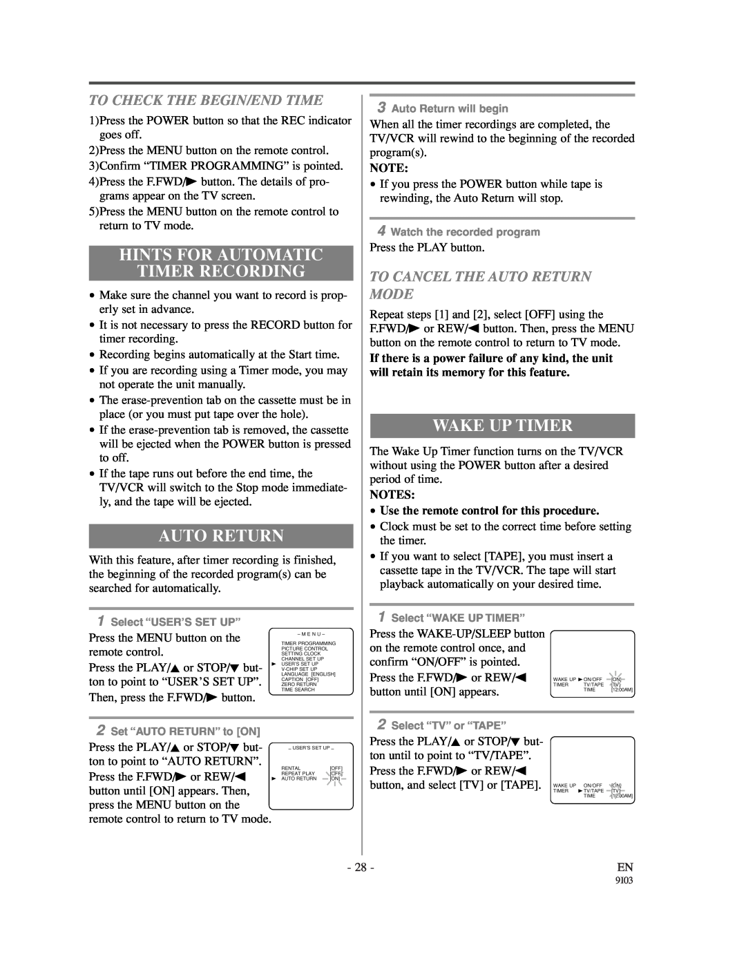 Emerson EC1320C owner manual Hints For Automatic Timer Recording, Auto Return, Wake Up Timer, To Check The Begin/End Time 