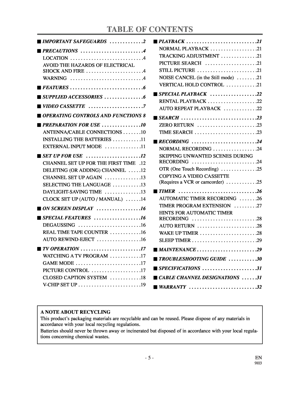 Emerson EC1320C owner manual Table Of Contents, A Note About Recycling 