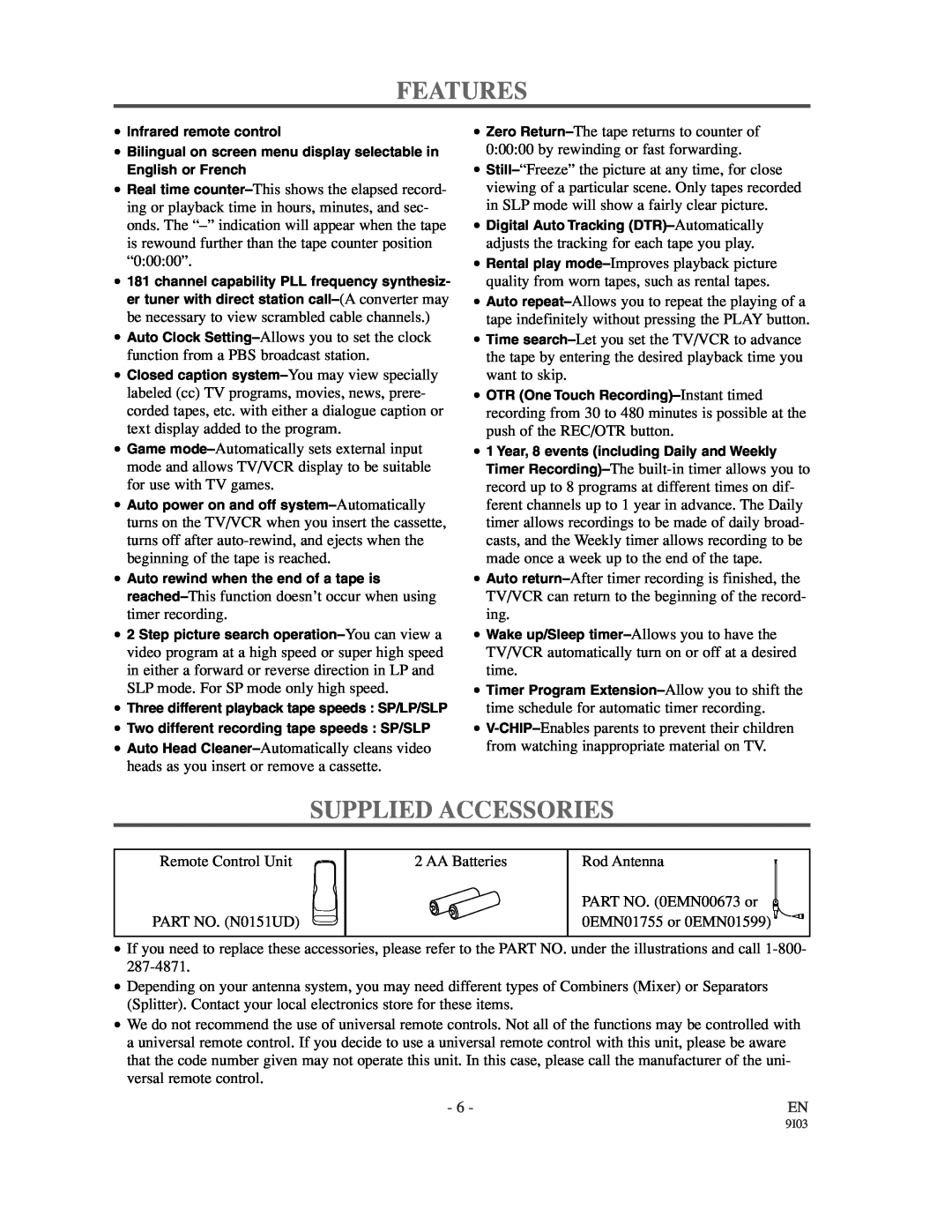 Emerson EC1320C owner manual Features, Supplied Accessories 