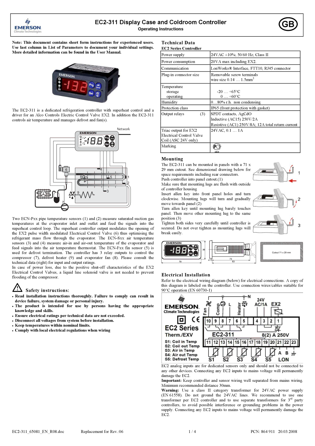 Emerson EC2-311 user manual Safety instructions, Technical Data, Mounting, Electrical Installation, EC2 Series Controller 