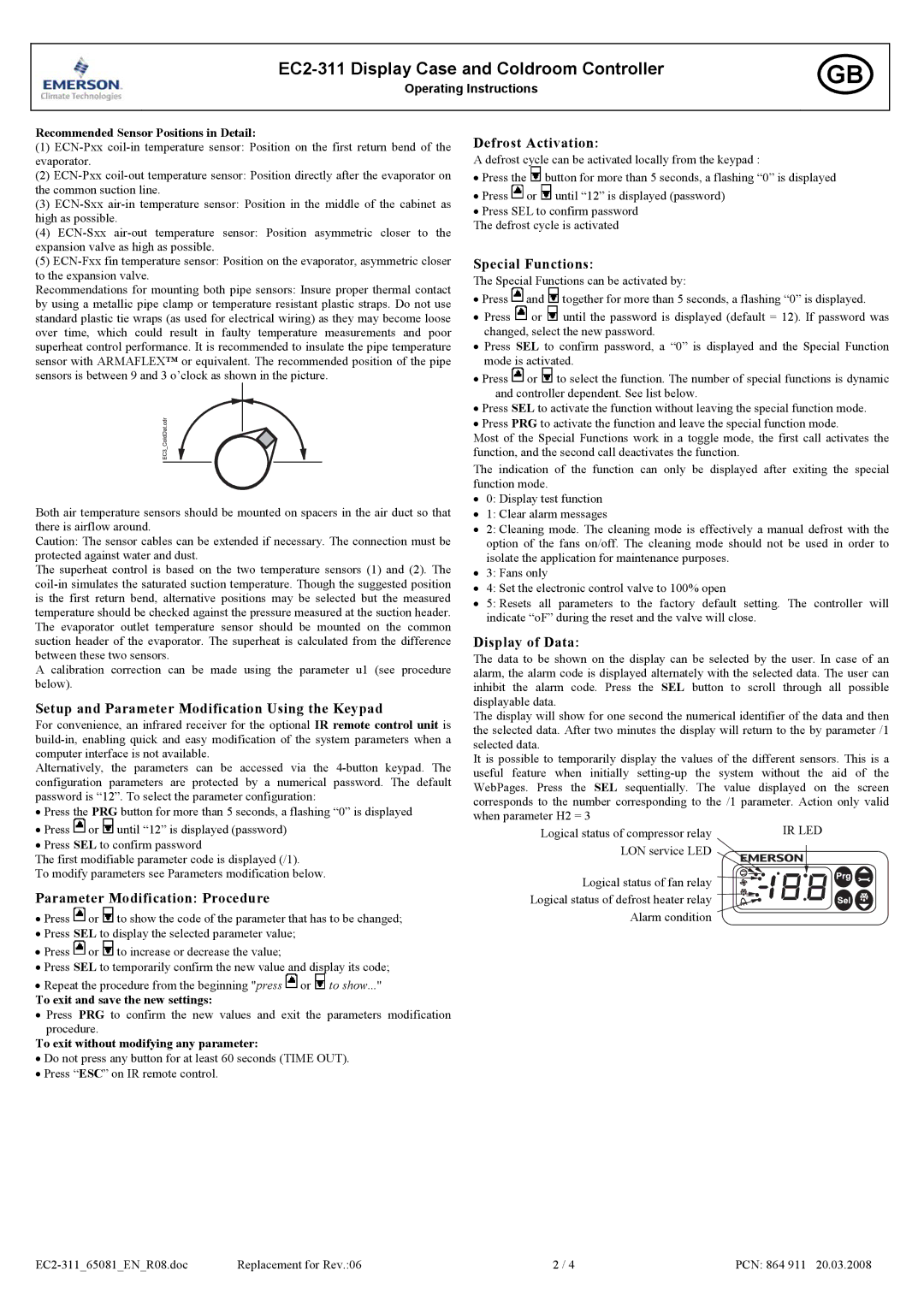 Emerson EC2-311 Setup and Parameter Modification Using the Keypad, Parameter Modification Procedure, Defrost Activation 