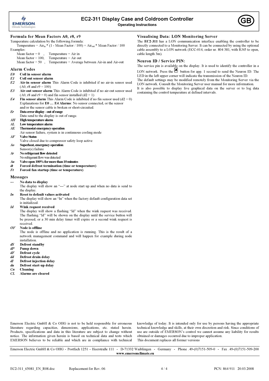 Emerson EC2-311 user manual Alarm Codes, Visualising Data LON Monitoring Server, Neuron ID / Service PIN, Messages 