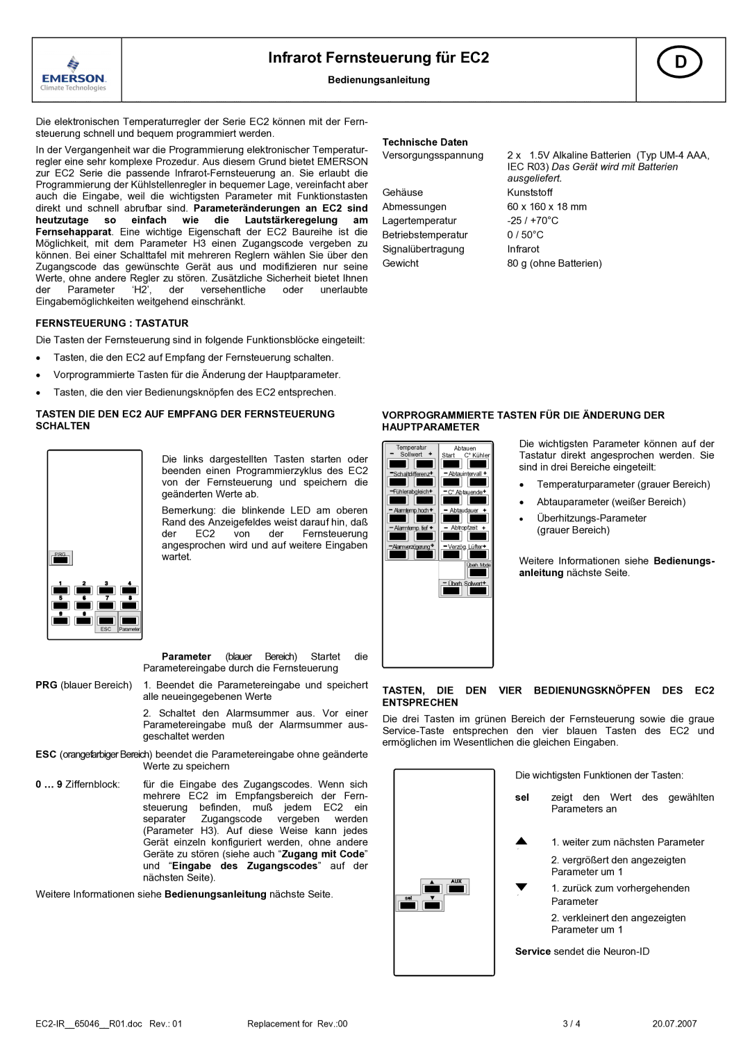 Emerson technical specifications Fernsteuerung Tastatur, Tasten DIE DEN EC2 AUF Empfang DER Fernsteuerung Schalten 