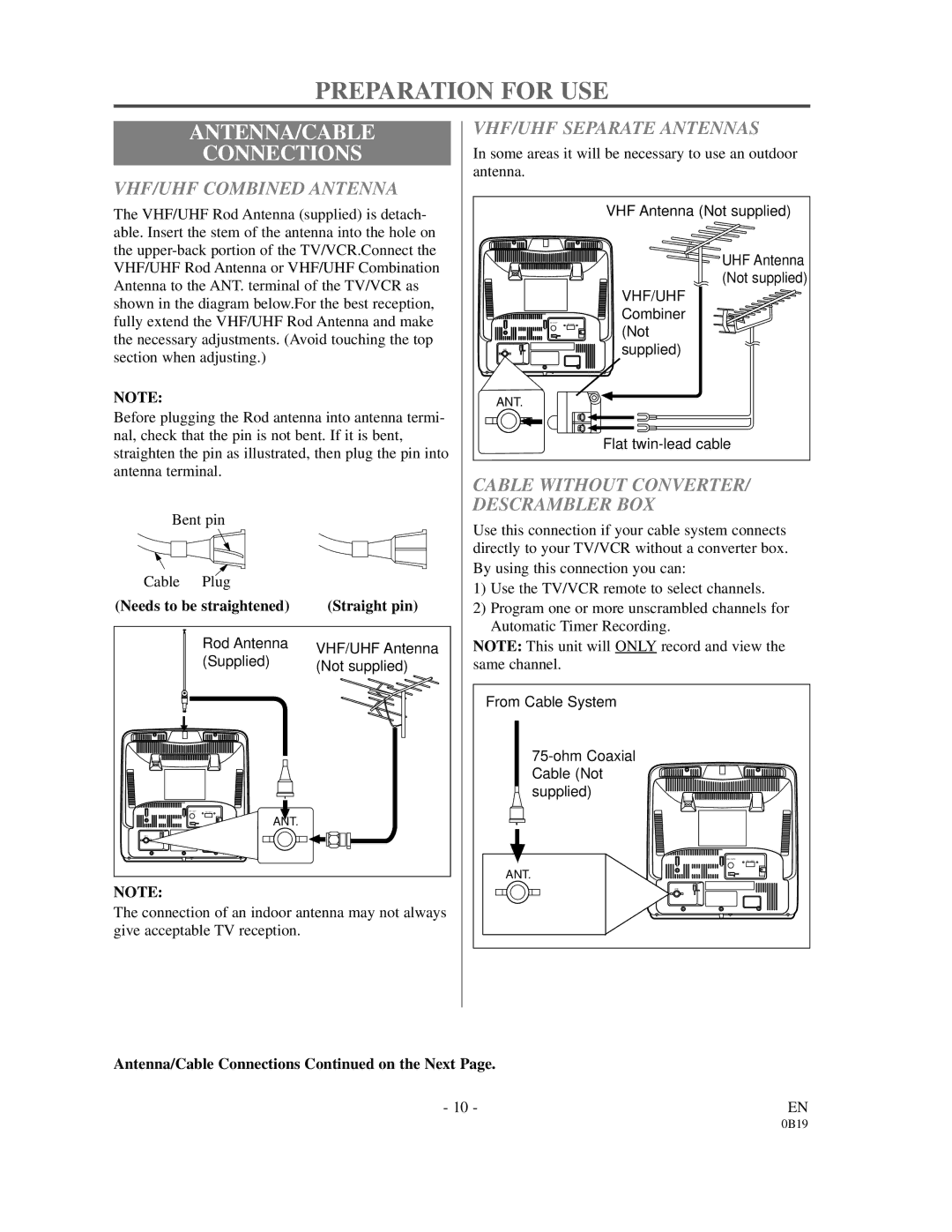 Emerson EC313D Preparation for USE, ANTENNA/CABLE Connections, VHF/UHF Combined Antenna, VHF/UHF Separate Antennas 