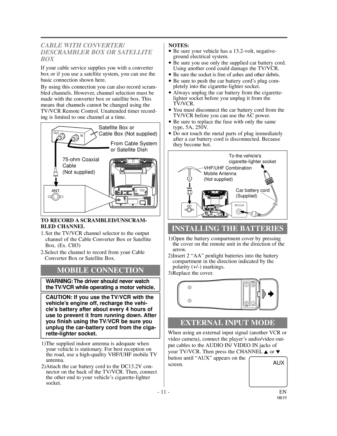 Emerson EC313D owner manual Mobile Connection, Installing the Batteries, External Input Mode 