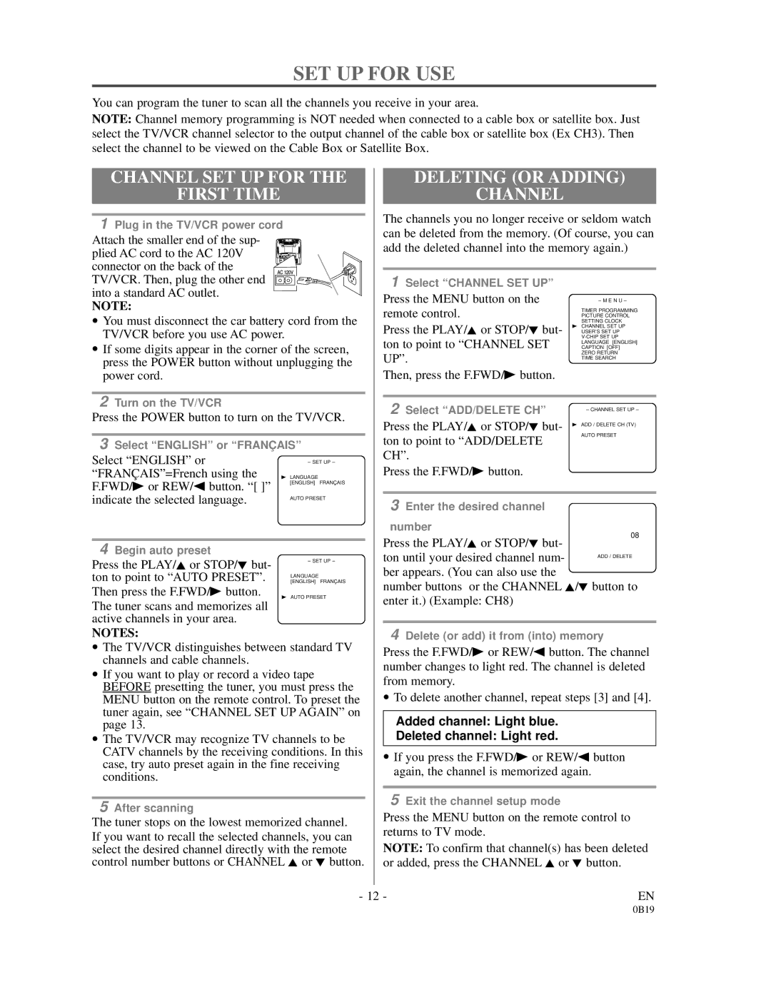 Emerson EC313D owner manual SET UP for USE, Channel SET UP for First Time, Deleting or Adding Channel 
