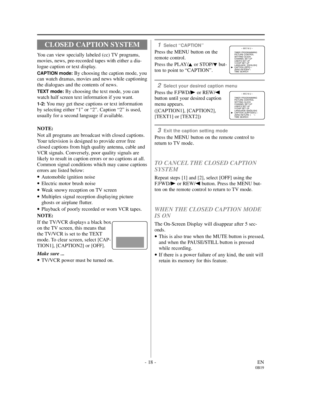 Emerson EC313D owner manual To Cancel the Closed Caption System, When the Closed Caption Mode is on, CAPTION1, CAPTION2 