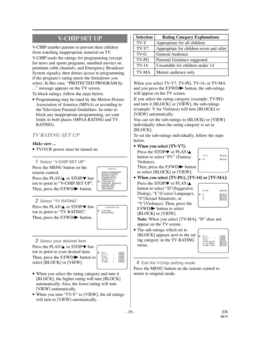 Emerson EC313D owner manual Chip SET UP, TV Rating SET UP, Selection Rating Category Explanations, When you select TV-Y7 