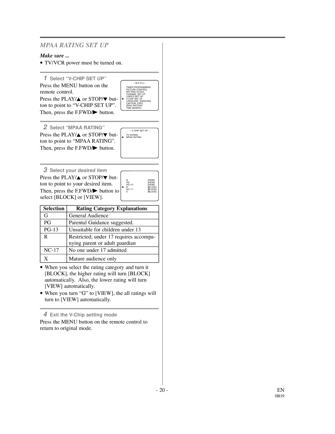 Emerson EC313D owner manual Mpaa Rating SET UP 