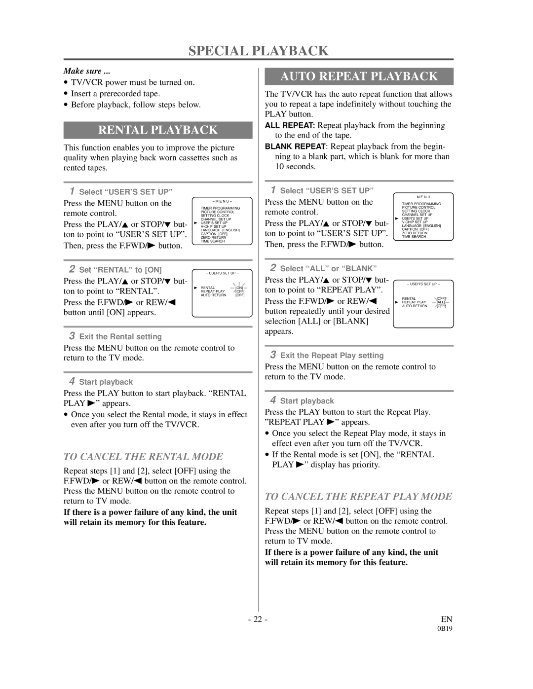 Emerson EC313D owner manual Special Playback, Rental Playback, Auto Repeat Playback, To Cancel the Rental Mode 