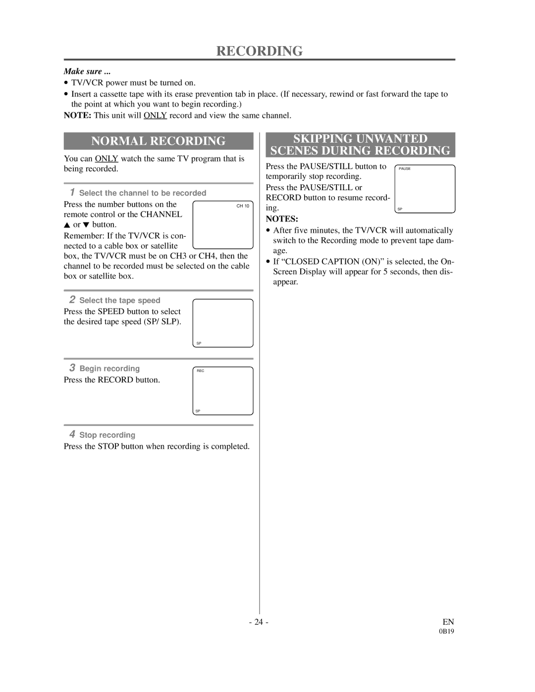 Emerson EC313D owner manual Normal Recording, Skipping Unwanted Scenes During Recording 