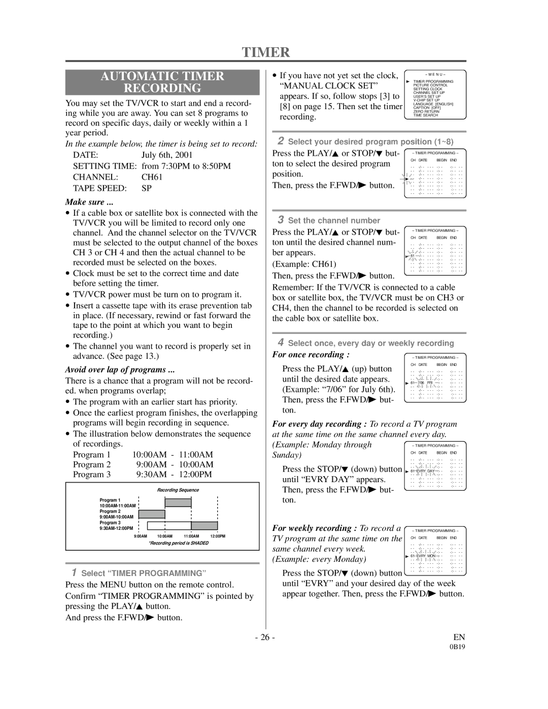 Emerson EC313D owner manual Automatic Timer Recording, Avoid over lap of programs, For once recording 