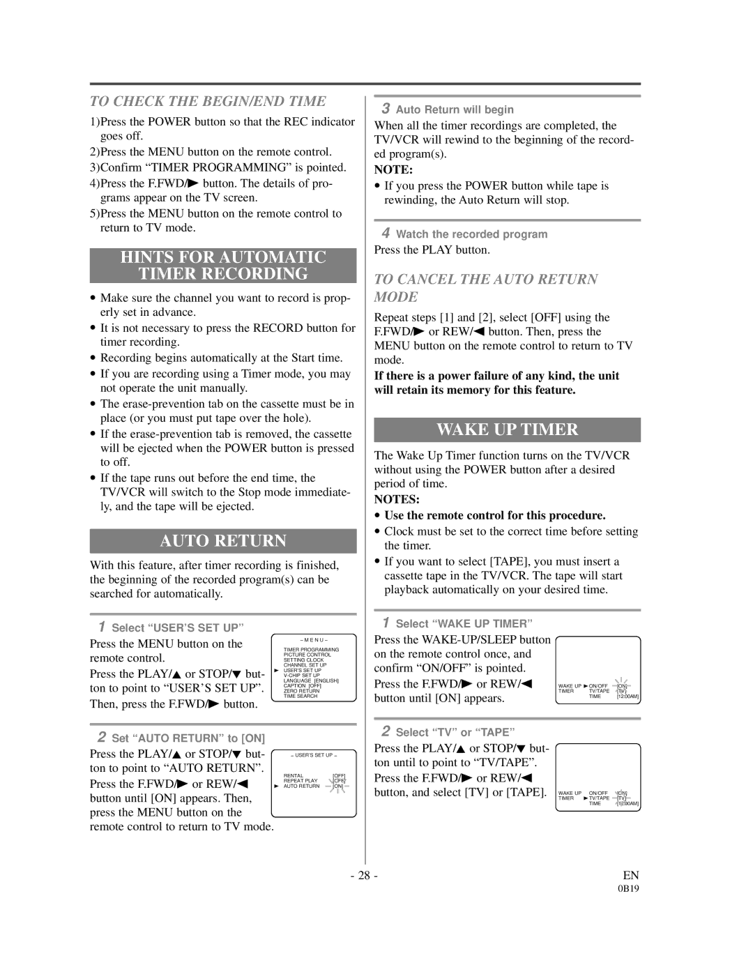 Emerson EC313D owner manual Hints for Automatic Timer Recording, Auto Return, Wake UP Timer, To Check the BEGIN/END Time 