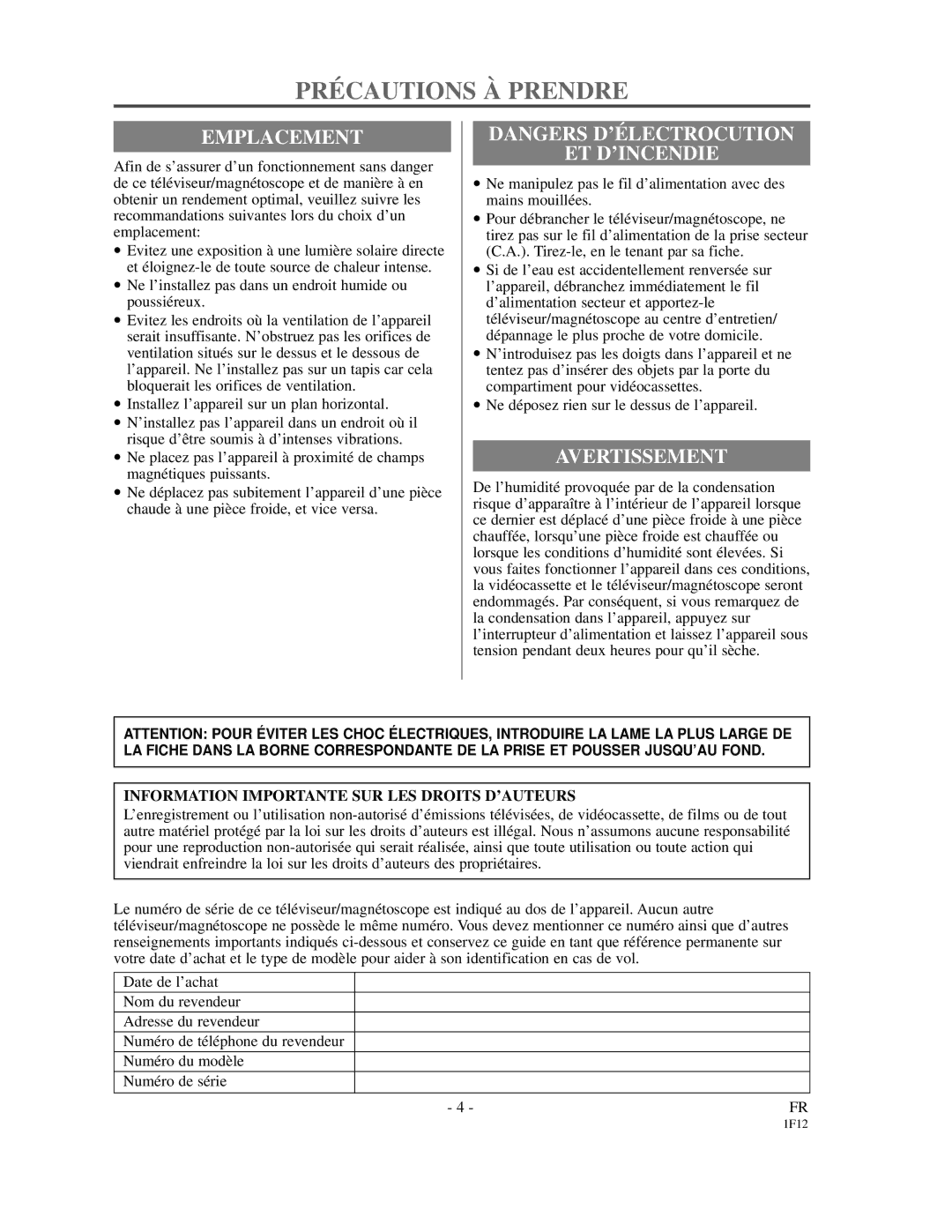 Emerson EC313D owner manual PRÉ Cautions À Prendre, Emplacement, Et D’Incendie, Avertissement 