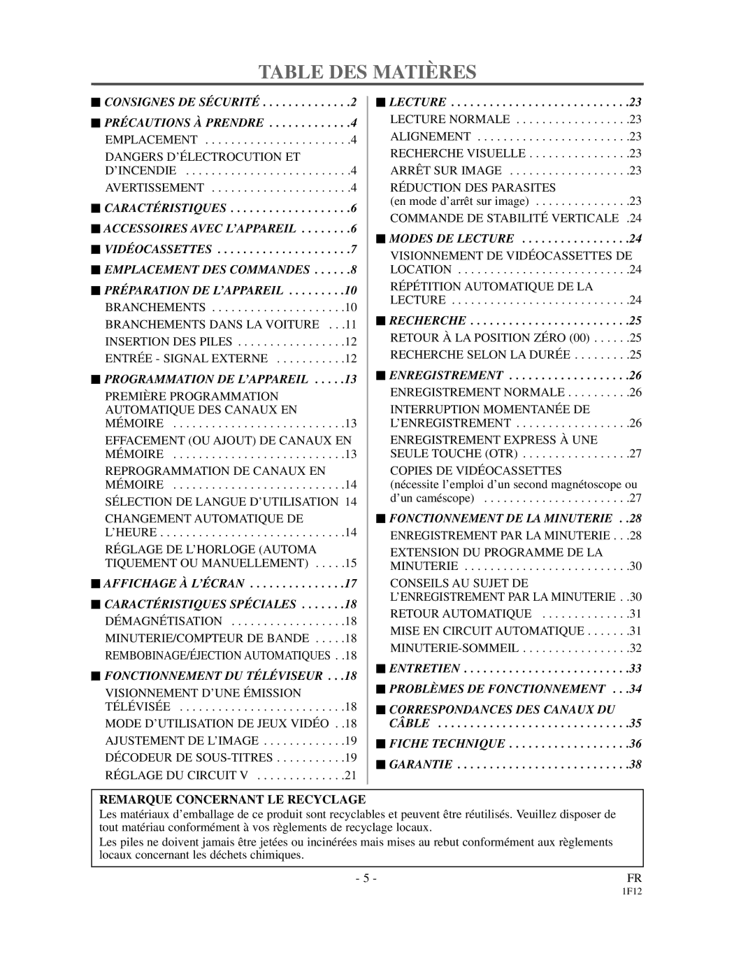 Emerson EC313D owner manual Table DES Matiè RES, Remarque Concernant LE Recyclage 