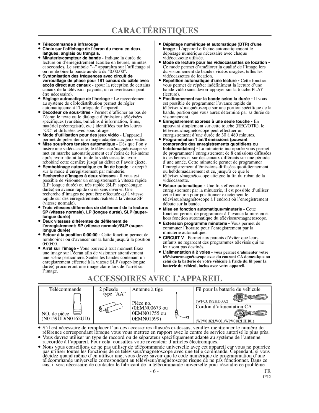 Emerson EC313D owner manual Caracté Ristiques, Accessoires Avec L’APPAREIL 