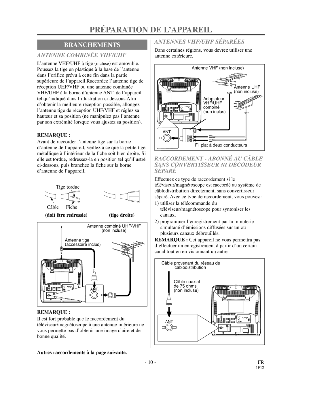 Emerson EC313D PRÉ Paration DE L’APPAREIL, Branchements, Antenne Combinée VHF/UHF, Antennes VHF/UHF Séparées, Remarque 