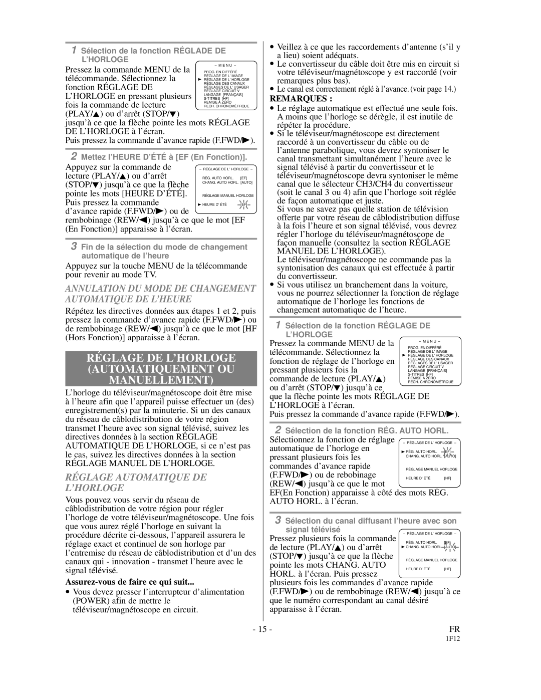 Emerson EC313D owner manual RÉ Glage DE L’HORLOGE Automatiquement OU Manuellement, Réglage Automatique DE ’HORLOGE 