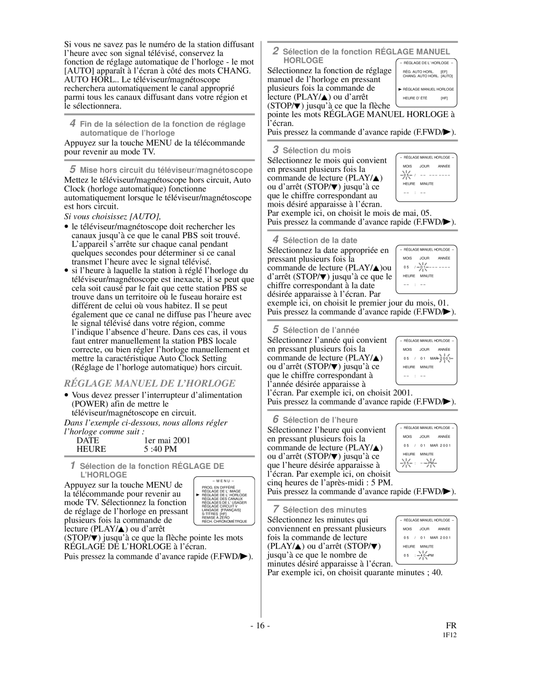 Emerson EC313D owner manual Réglage Manuel DE L’HORLOGE, Heure 