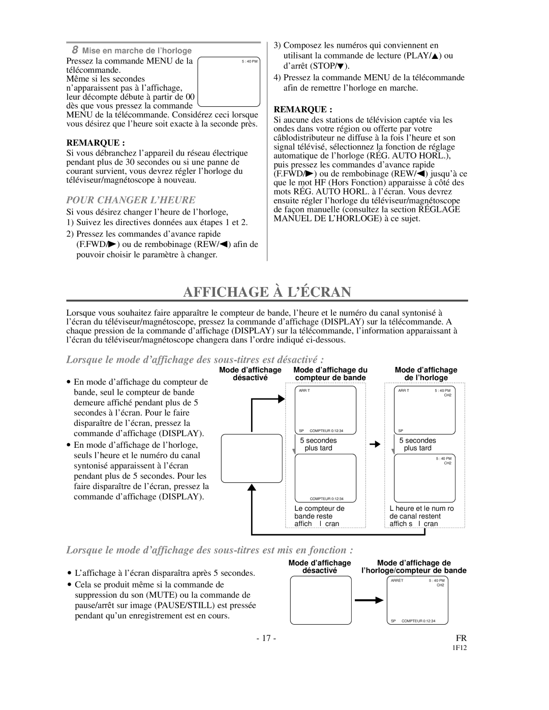 Emerson EC313D owner manual Affichage À L’É Cran, Pour Changer L’HEURE 