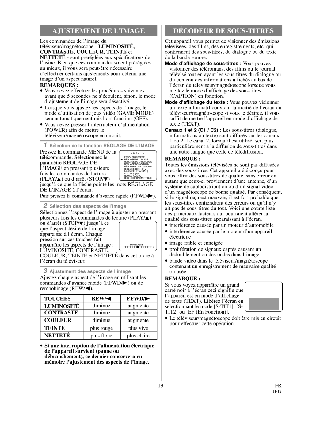 Emerson EC313D owner manual Ajustement DE L’IMAGE, DÉ Codeur DE SOUS-TITRES 